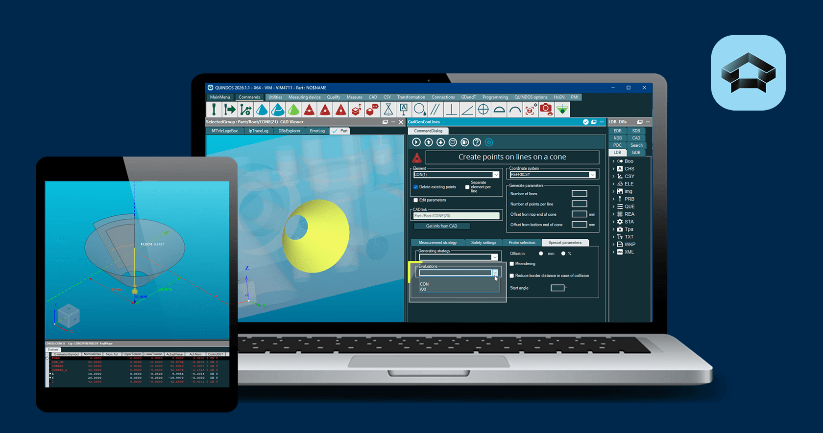 QUINDOS on laptop and tablet, showing 3D metrology feature evaluations, UI panels, and a yellow sphere