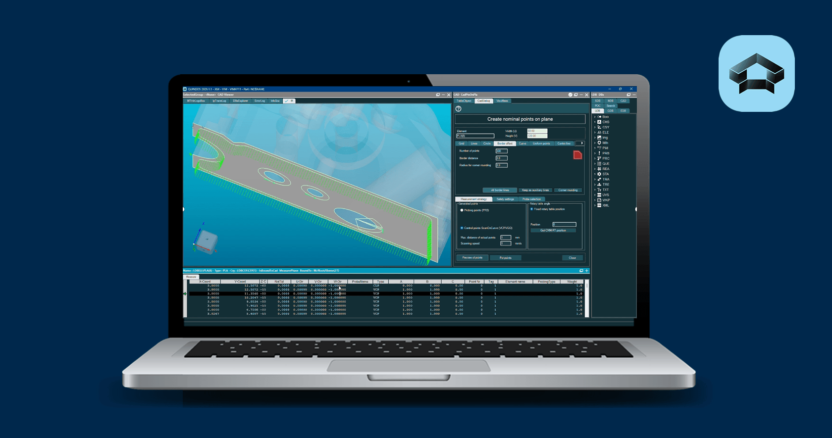 Laptop displaying Hexagon MI QUINDOS software with 3D part inspection, tool panels, and data tables on blue backdrop