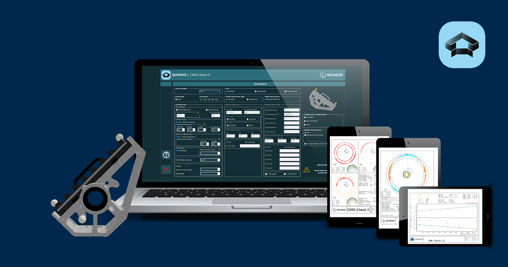 QUINDOS CMM Check software on laptop and tablets with inspection charts beside machined part