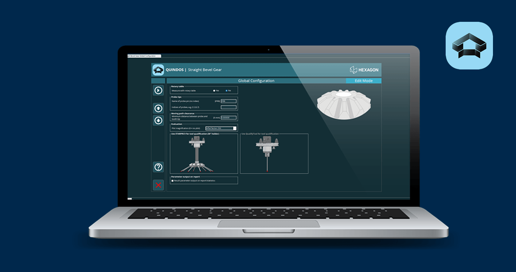 Laptop displaying QUINDOS software interface for straight bevel gear measurement, dark UI on blue background