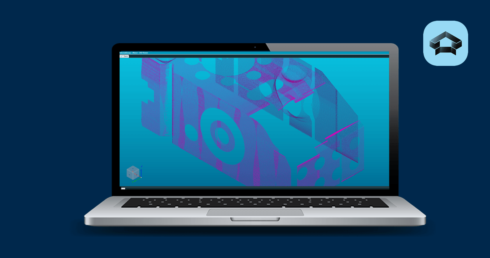 Laptop displaying abstract teal and magenta 3D mesh graphics on screen against a dark blue background with Hexagon logo