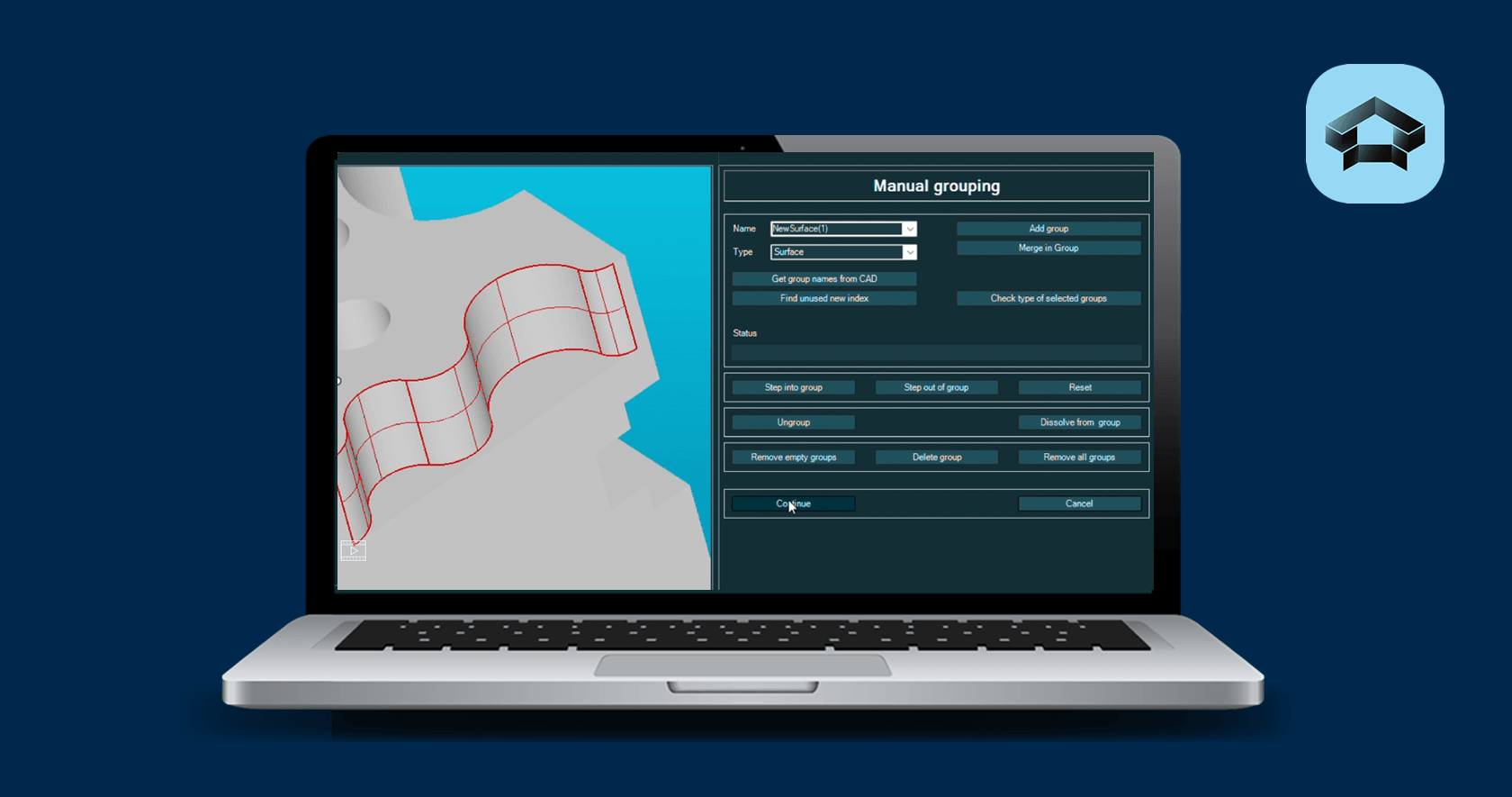 Laptop displaying CAD software with “Manual grouping” panel and red wireframe 3D geometry on blue background