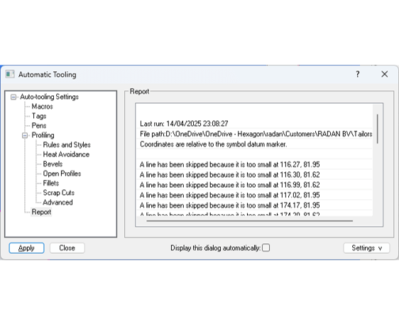 RADAN Automatic Tooling interface showing tooling error report with zoom feature for easy problem identification.