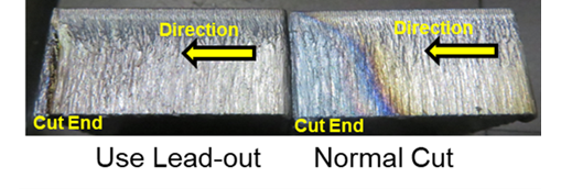 difference between lead-out versus normal cutting in the same direction, on 2 cut ends side by side
