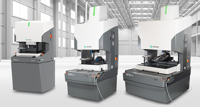 Three multisensor and optical coordinate measurement machines next to each other in a factory setting
