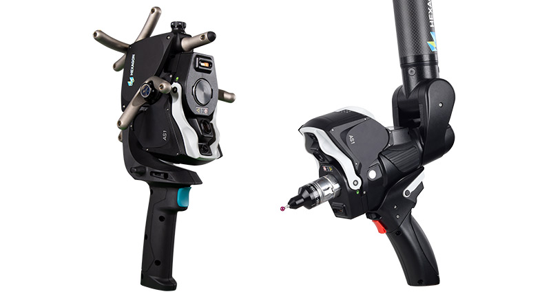 An image of Hexagons AS1 3D laser scanner. The image on the left has the scanner connected to its tracker cradle. The image on the right has the scanner connected to a portable measuring arm.