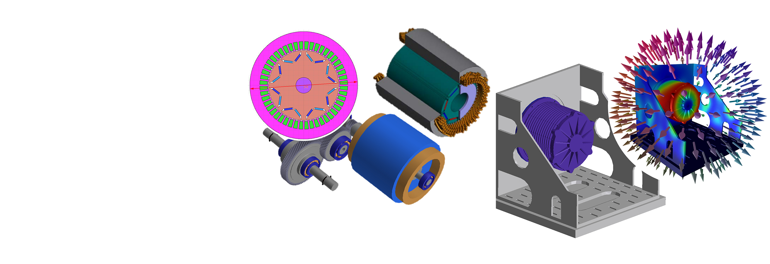 電磁解析、構造解析、音響解析における電気モーターを示す画像のコンパイル 