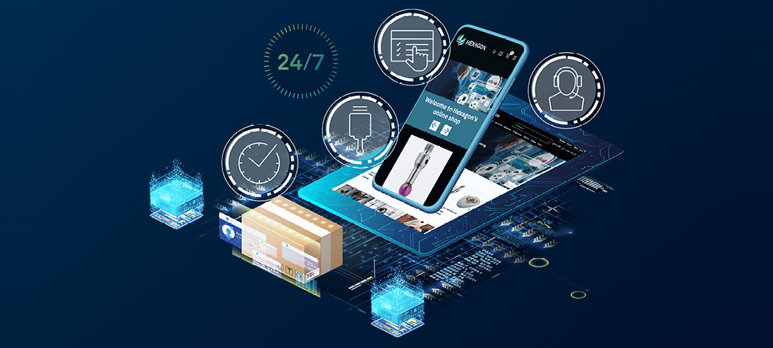 Hexagon online shop illustration with 24/7 access to metrology accessories, software training, and a seamless shopping experience.