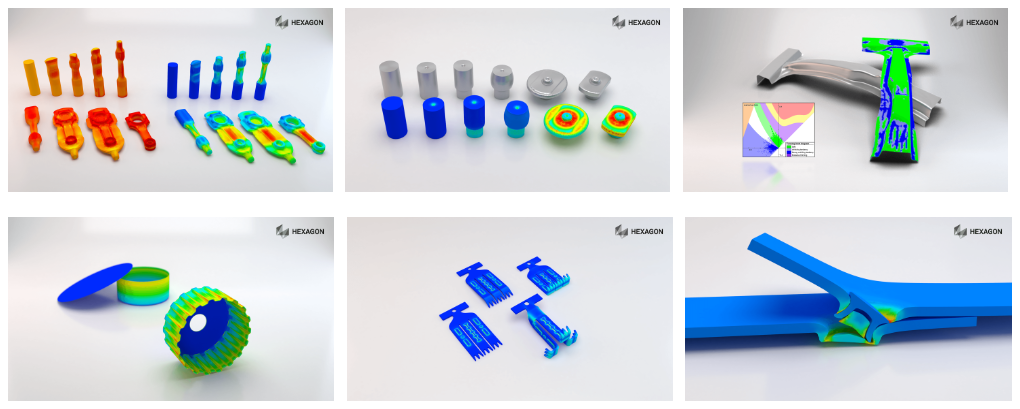 Images of multiple Simufact Forming renders of different manufacturing parts