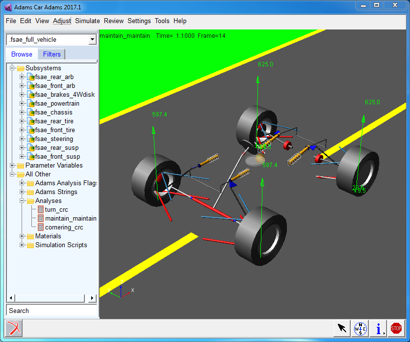 Adams Car CAE software showing 4 wheels on a road in a simulation process.