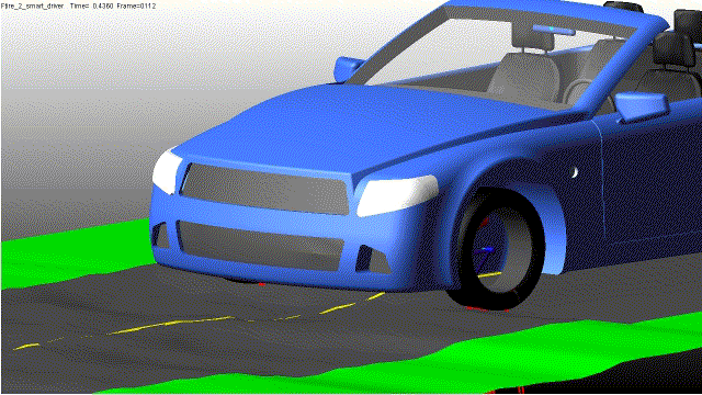 A gif of a blue car on unstable terrain in multibody dynamic software.