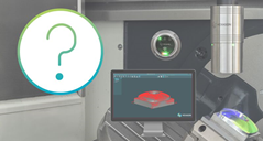 A machine tool probe inspecting a finished workpiece using laser technology. There is a computer screen showing the scanned item within a metrology software programme. There is a question mark inside a circle at the left of the image. 