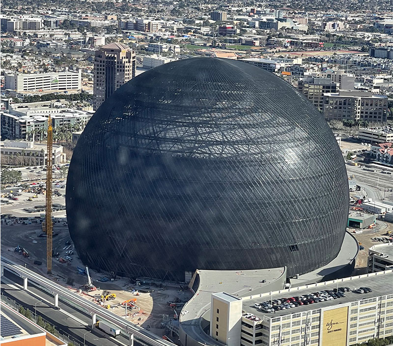 Las Vegas Sphere under construction, measured and aligned using laser tracker technology for precision assembly.
