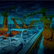 Robots working on a car assembly line 