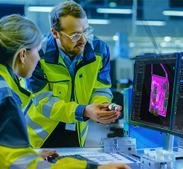 Two manufacturing workers looking at software on dual monitors