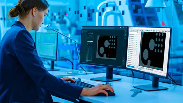 Female manufacturing manager analysing metrology software data on dual monitors