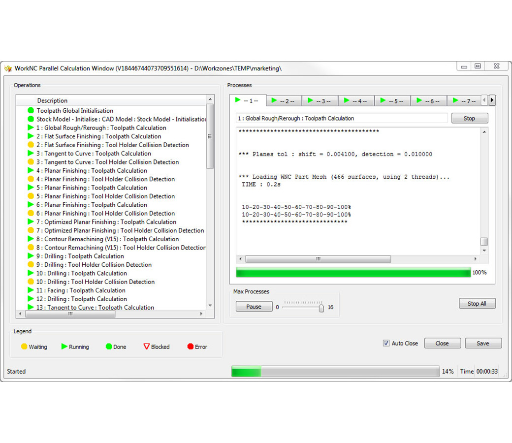 Captura de pantalla del software de producción WORKNC con procesamiento paralelo extremo