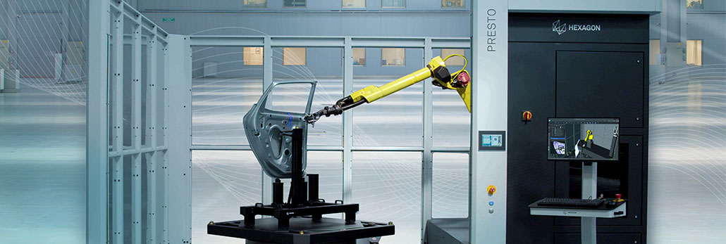 Hexagon's PRESTO solution showing a car door being inspected with a laser scanner attached to a robotic arm