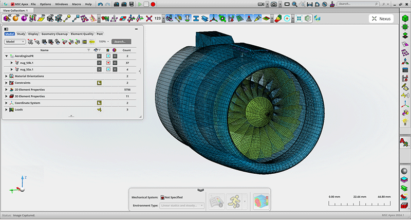 A detailed image of a jet engine visualized through the use of meshing in MSC Apex.