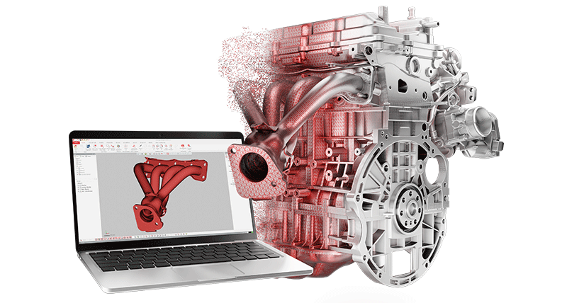 An engine block which has been reverse scanned by Geomagic software. The results can be seen on the a laptop next to the block.