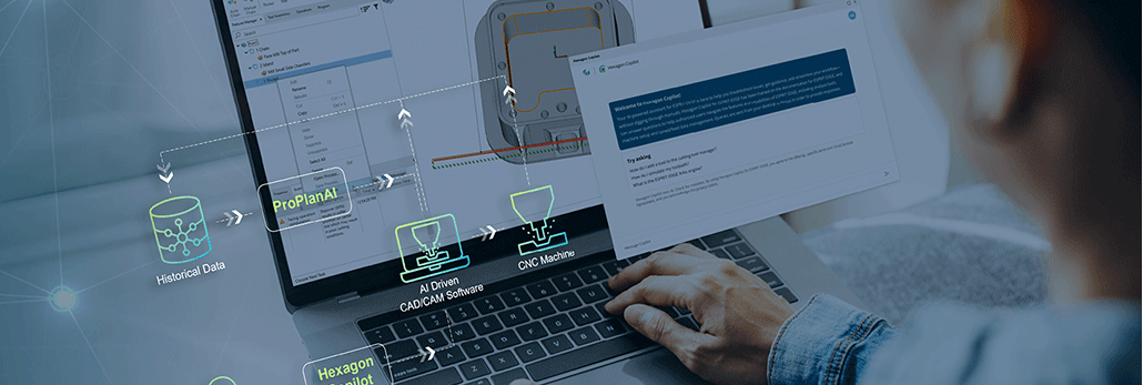 An engineer using ESPRIT EDGE with an overlay of new AI capabilities represented by a flow chart