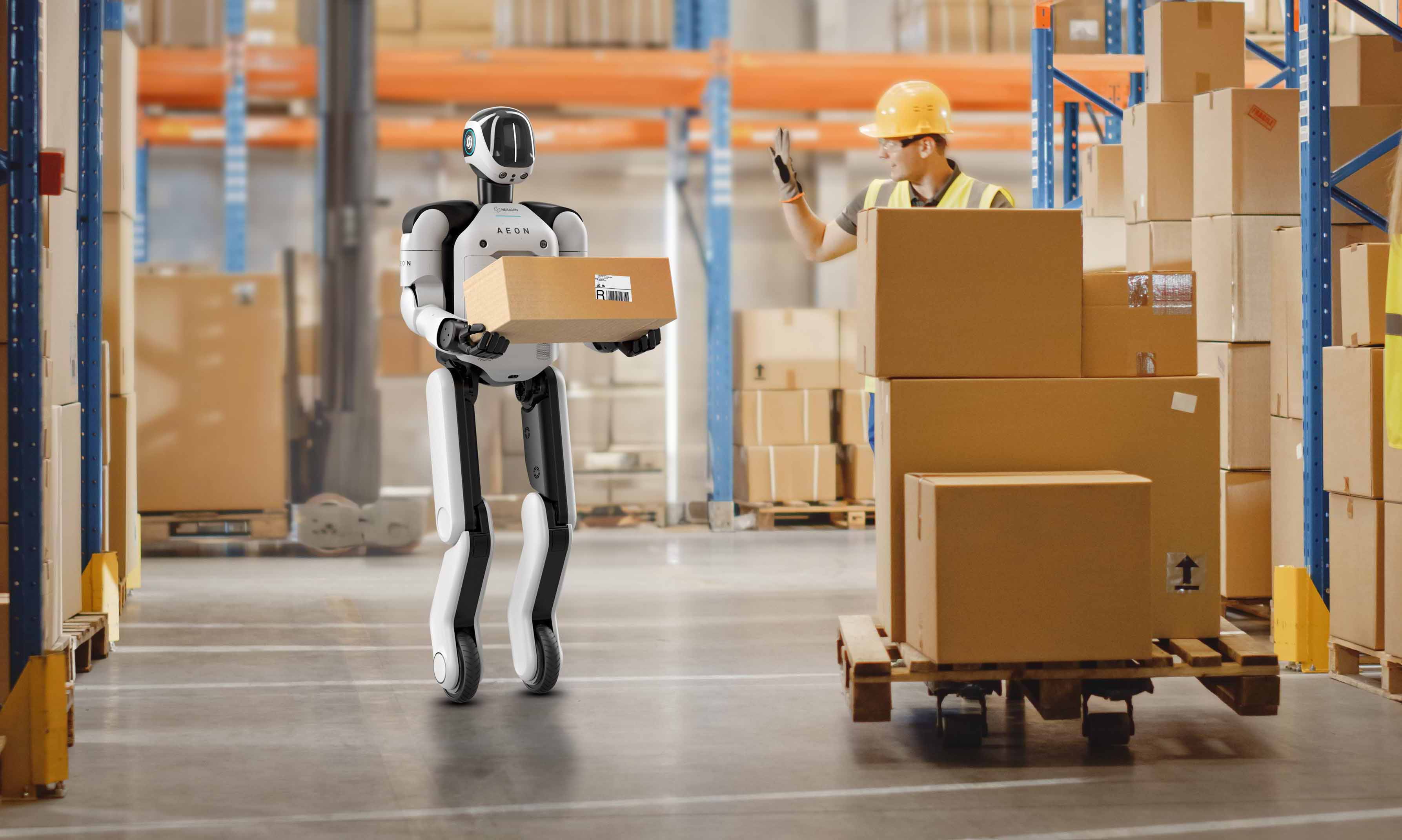 A robot holding a cardboard box
