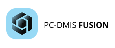 Blue gradient square with geometric hexagon icon beside bold text reading “PC-DMIS FUSION” on a clean light background