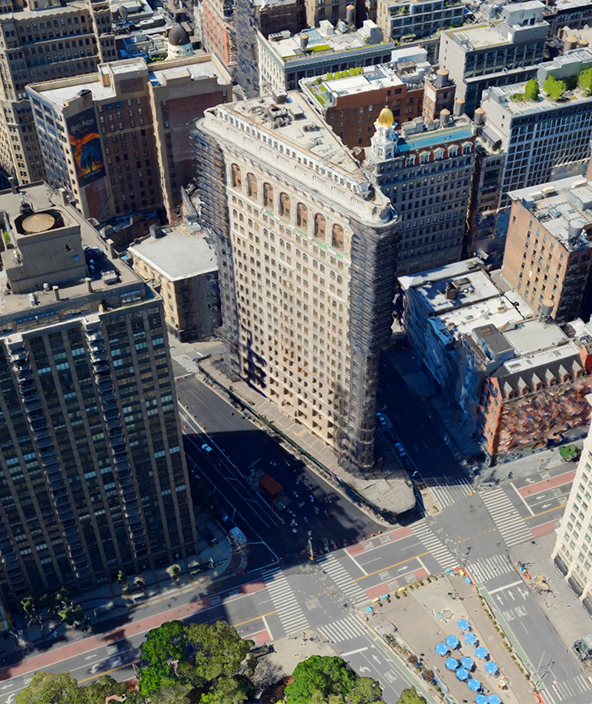 Modelo 3D de malha aérea do Flatiron Building, na cidade de Nova York