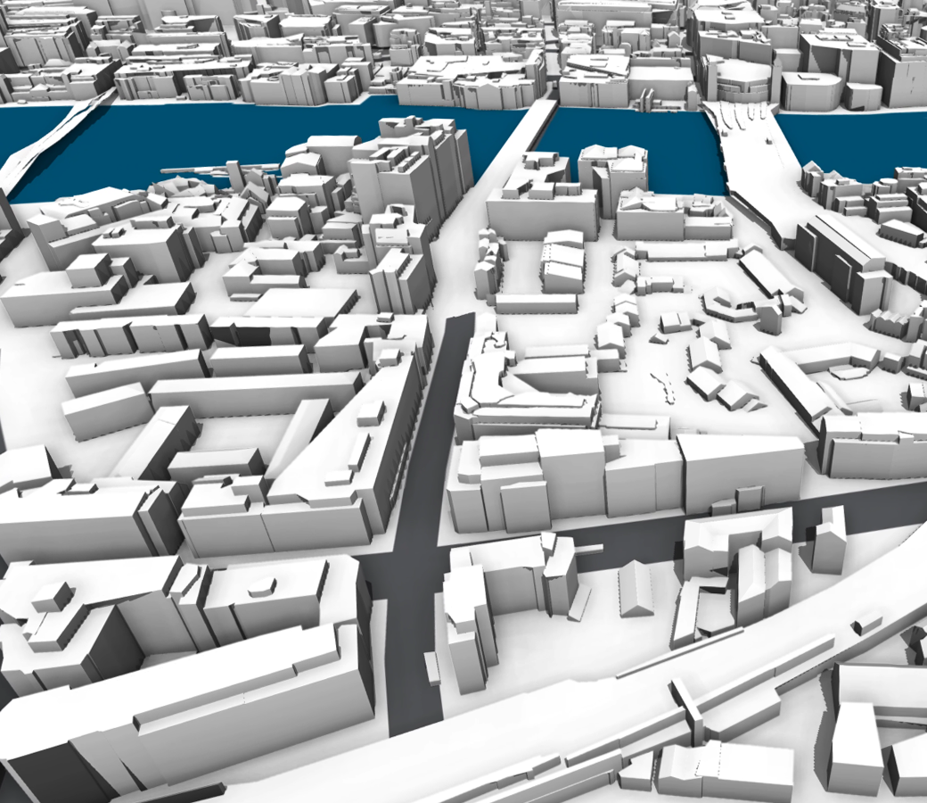 Modelo de edificio en 3D de una densa área urbana