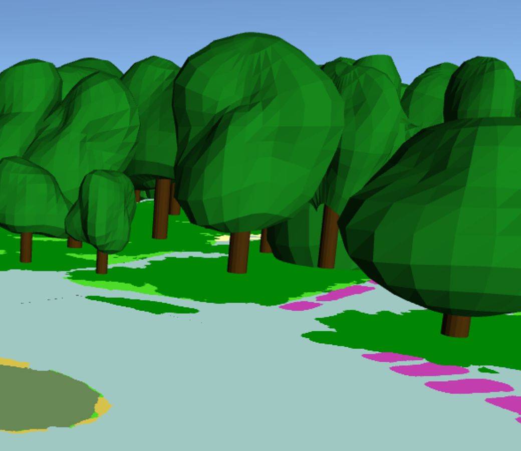 Modelo de árvores em 3D de uma floresta densa em um ambiente urbano
