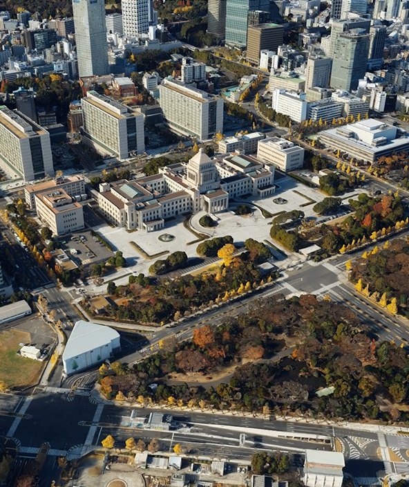Aerial mesh 3D model of the National Diet Building in Tokyo