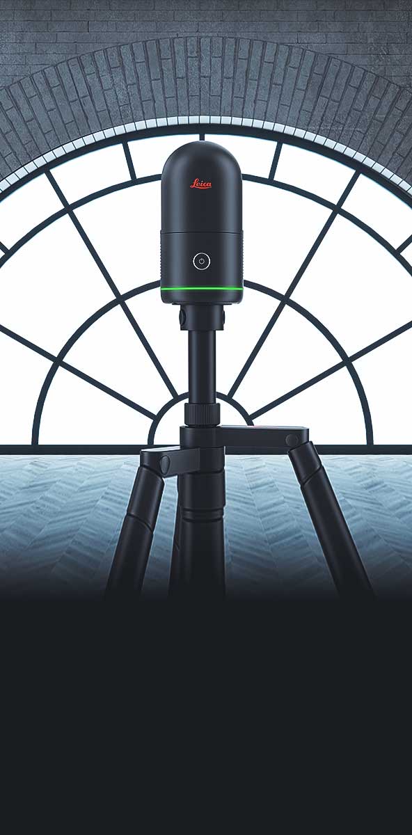 BLK360 laser scanner in front of a curved window