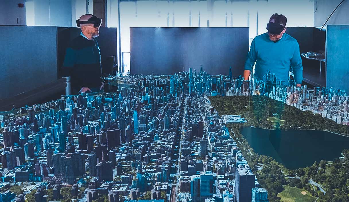 Two businessmen viewing a digital version of New York City via virtual reality headsets