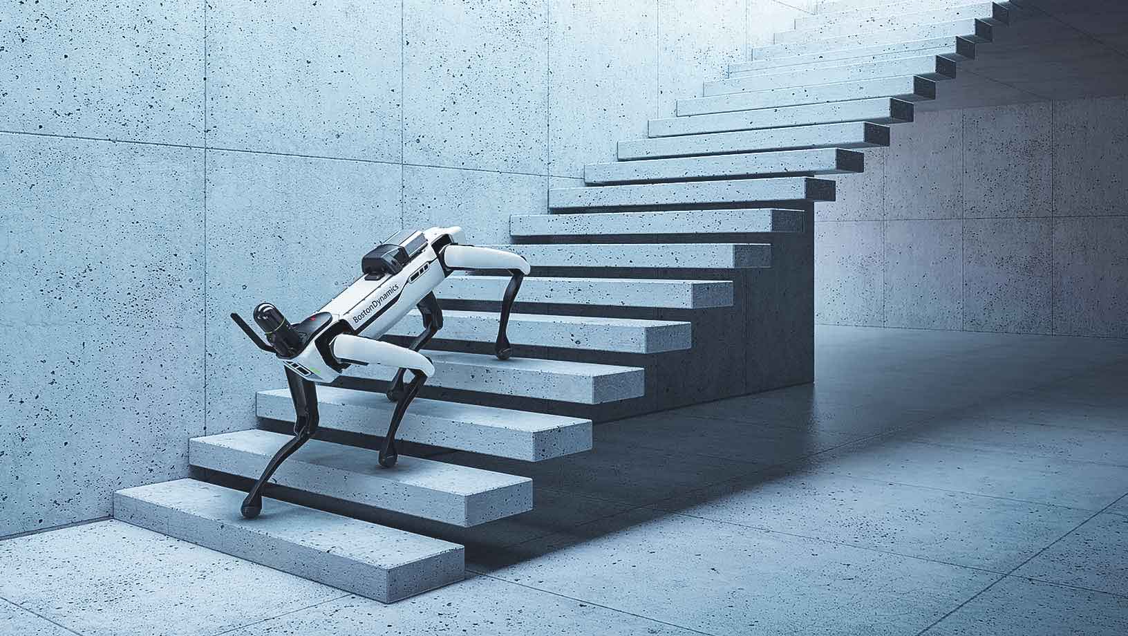 Robot SPOT de Boston Dynamics montant un escalier à l’aide de l’intégration robotique BLK ARC d’Hexagon