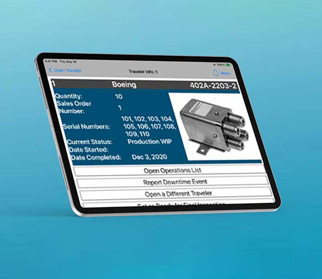 Paperless Traveller solution on a tablet providing a detail page of product on machine