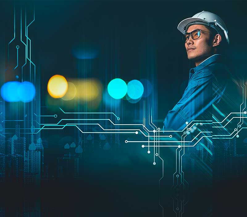 Abstract image of an engineer in a hard hat overlaid with digital circuit board imagery