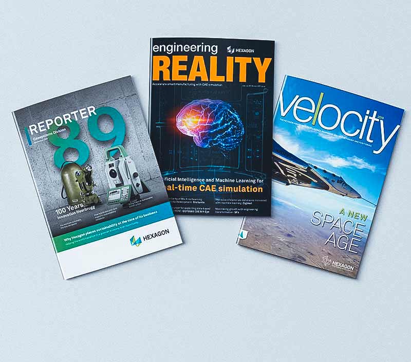 Covers of three Hexagon publications: Reporter, Engineering Reality, and Velocity