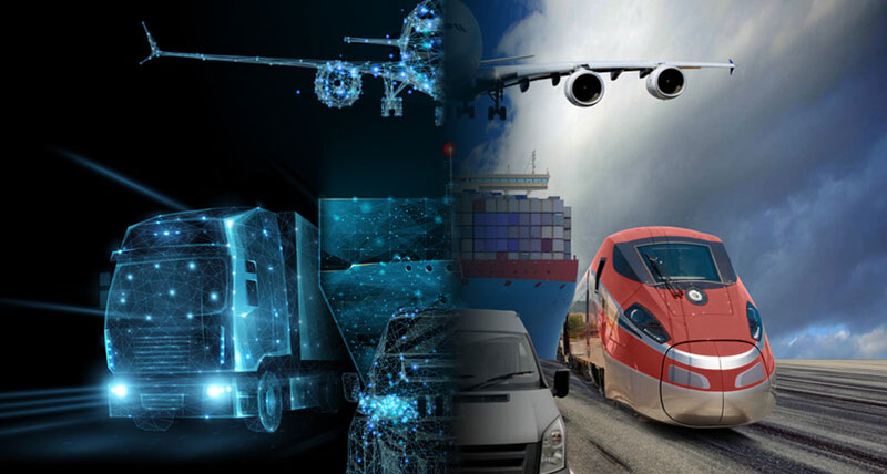 Image showing different transport methods from aviation to rail and automotive. The left side of the image is conceptual with half of the vehicles built by blue mesh, on the right side the vehicles are real work pictures of the transport.