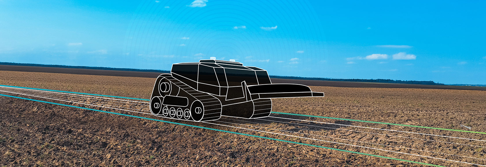 Graphical outline of an autonomous farm machine in a field. Lines on the ground represent the machine's path.