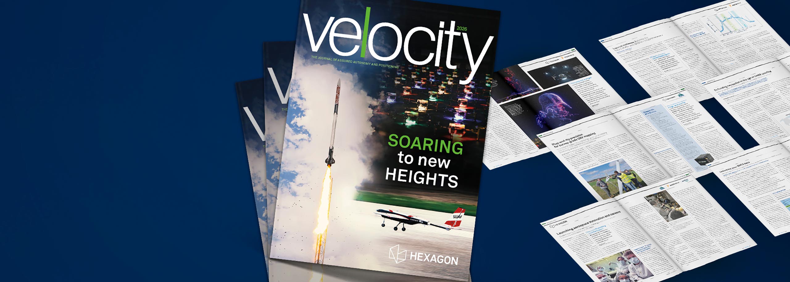 Velocity magazine with six other copies open to articles