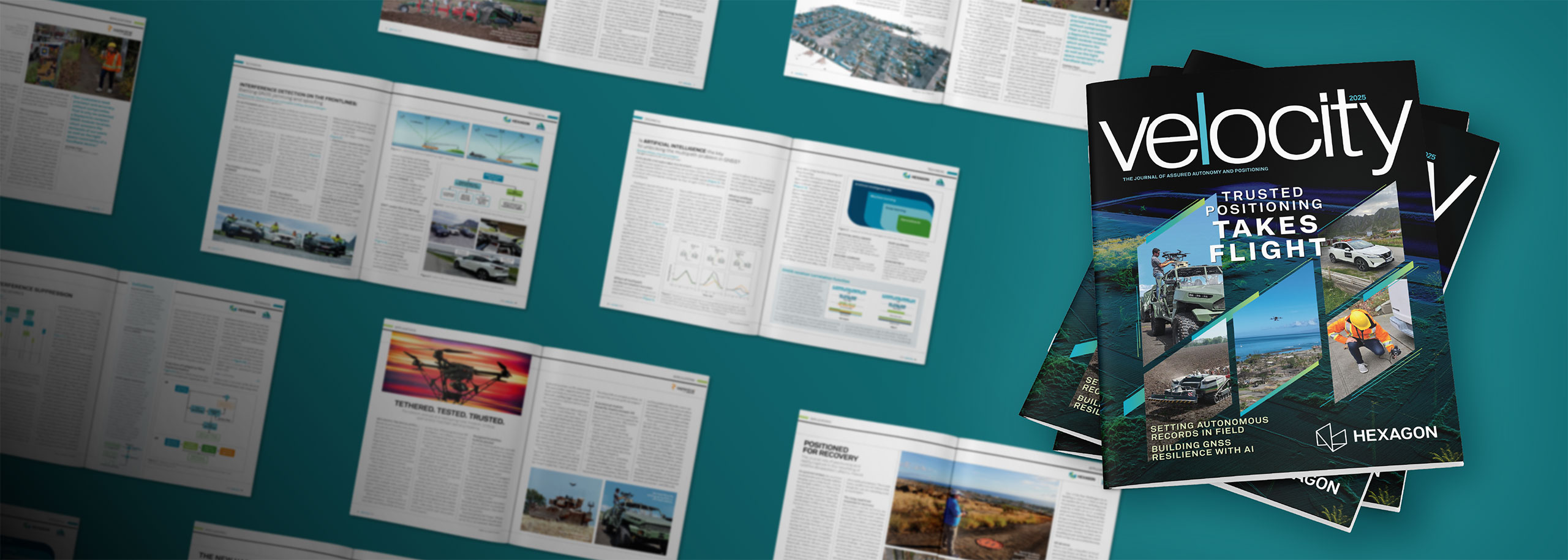 Stack of Velocity magazines with various open articles beside it