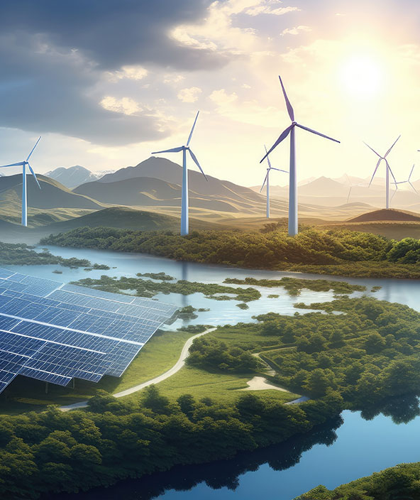 solar panels and wind turbines next to a river