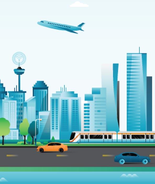illustration of a roadway with a plane taking off in the background