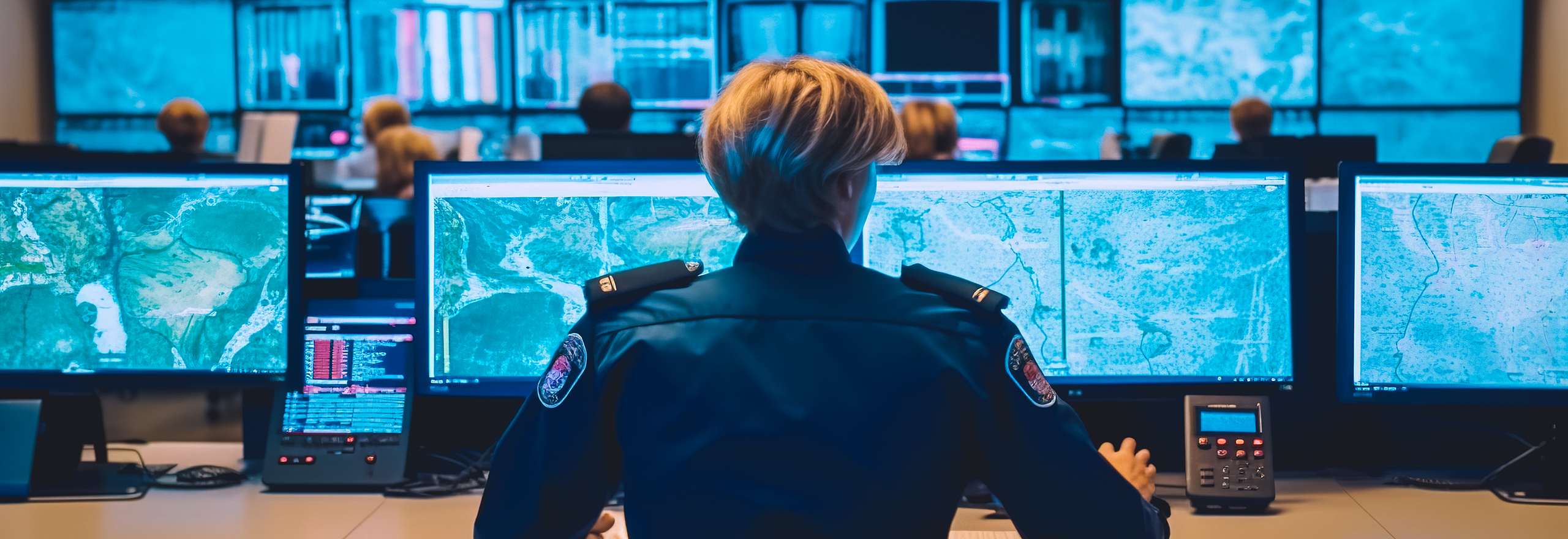 a police officer working at a command center