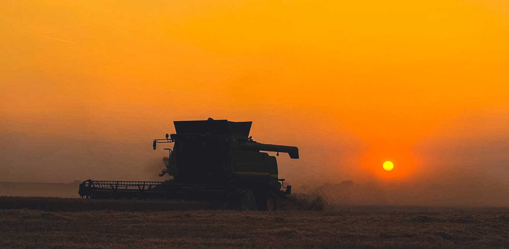 Combine harvesting crops at sunset 