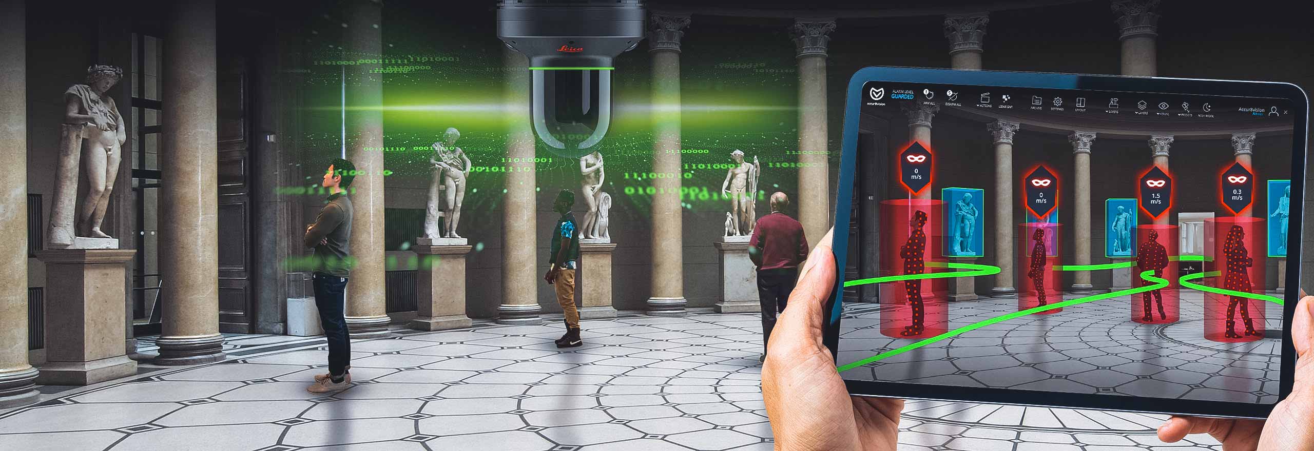 Museum nutzt die 3D-Sicherheitslösung Leica BLK247 mit Tablet, auf dem volumetrische Accur8vision-Überwachungssoftware zu sehen ist. 
