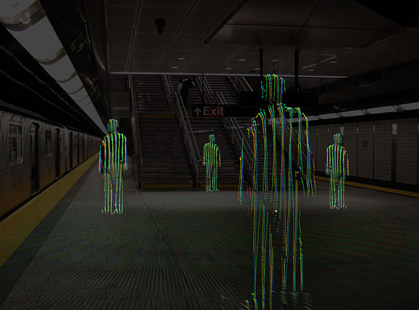 Screenshot of 3D Surveillance software showing people at station
