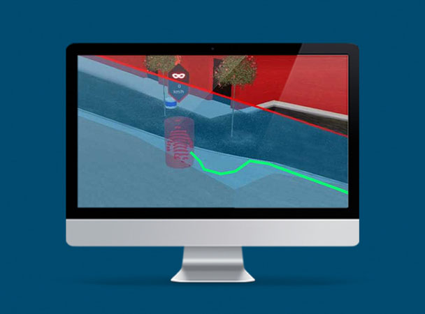 Captura de tela do software de vigilância 3D marcando um possível invasor, a trajetória da intrusão e as informações sobre a posição