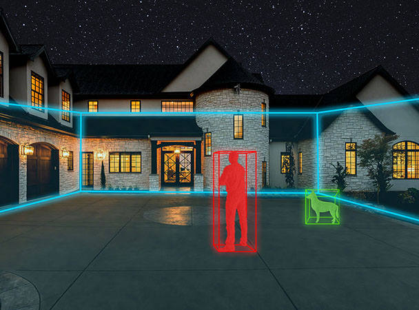 Screenshot of 3D surveillance software intelligently distinguishing between threat and non-threat, marking intruder with red box.