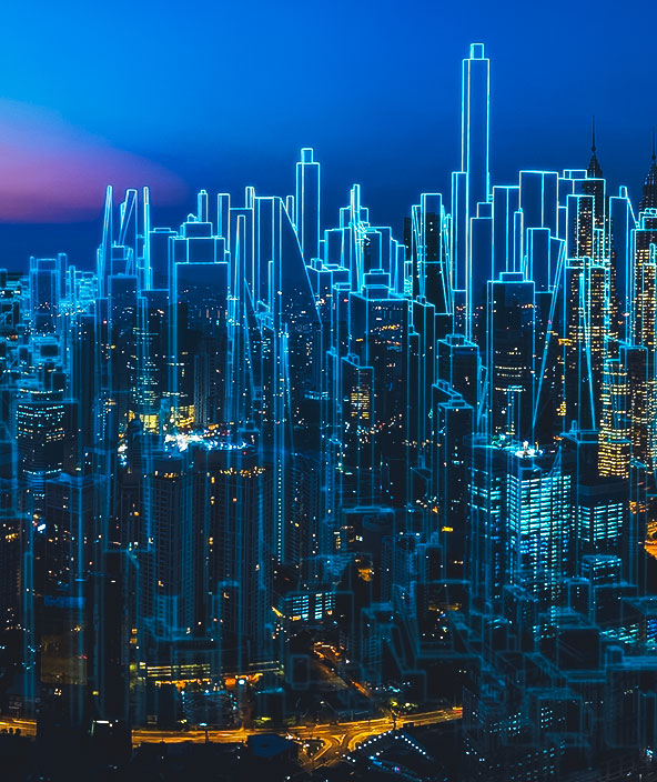 Uma imagem de uma cidade grande com versão digital da cidade sobreposta